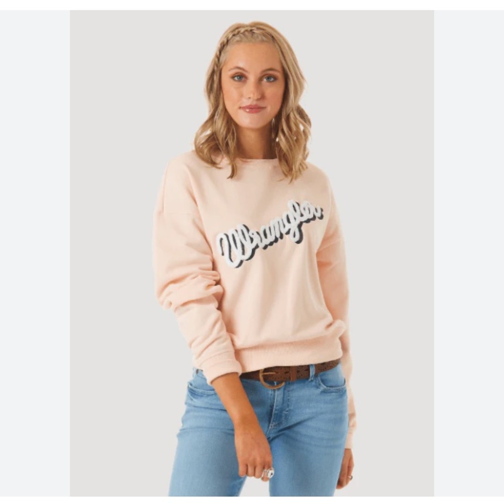 Retro Wrangler Embroidered Raised Chenille Pink Pullover Sweatshirt Size Large